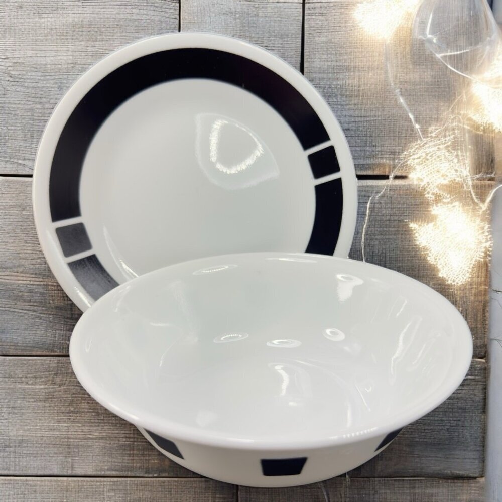 Corelle Urban Black Glass Plate And Bowl Set‎ White Black Lines USA Bowl Plate